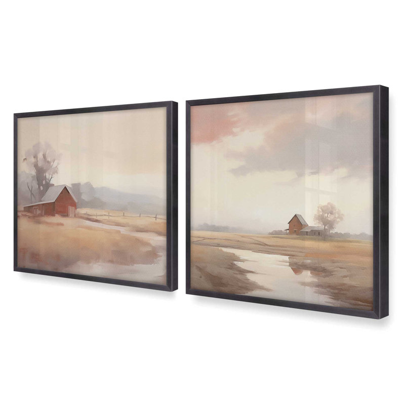 «Rustic Barns And Misty Fields», Zinc patiné, H 13,75 po x l 13,75 po