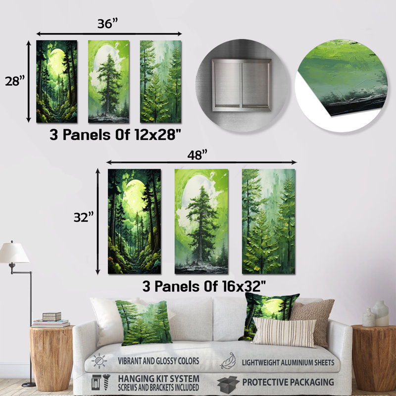 «Neon Green», séquoia, arbres, forêt, séquoia, ensemble d'art mural en métal, 3 pièces, H 32 po x l 48 po