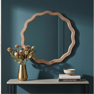23.62-Inch Wood Round Wavy Wall Mirror, Scalloped Decorative Hanging Mirror for Bathroom, Living Room & Nursery, Modern Farmhouse Décor