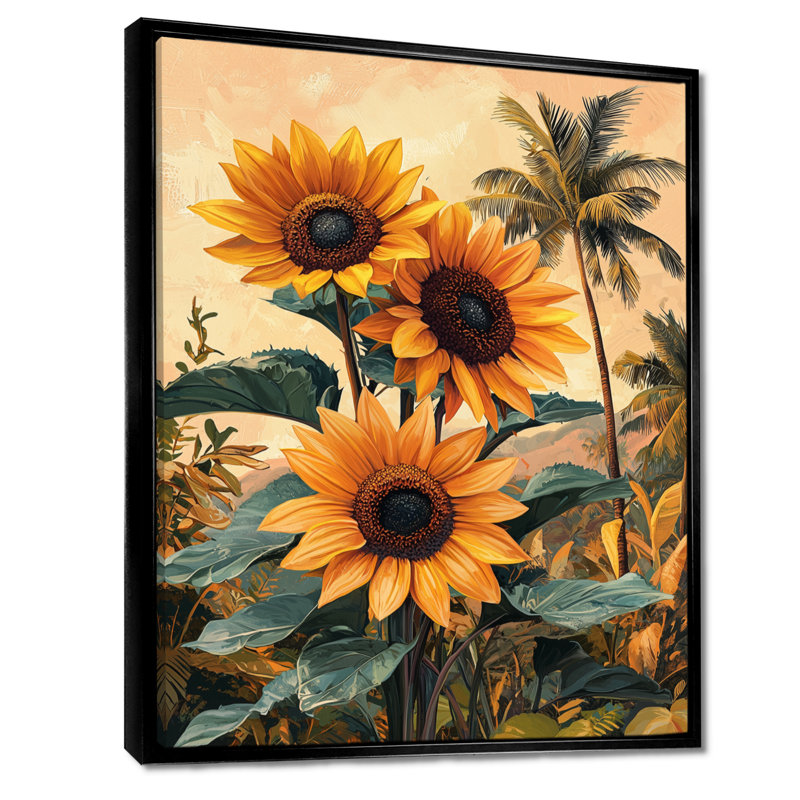 Dorlisa, champ de tournesols tropicaux dans le sud II - tournesols, art mural, Noir, Reproduction avec cadre flottant