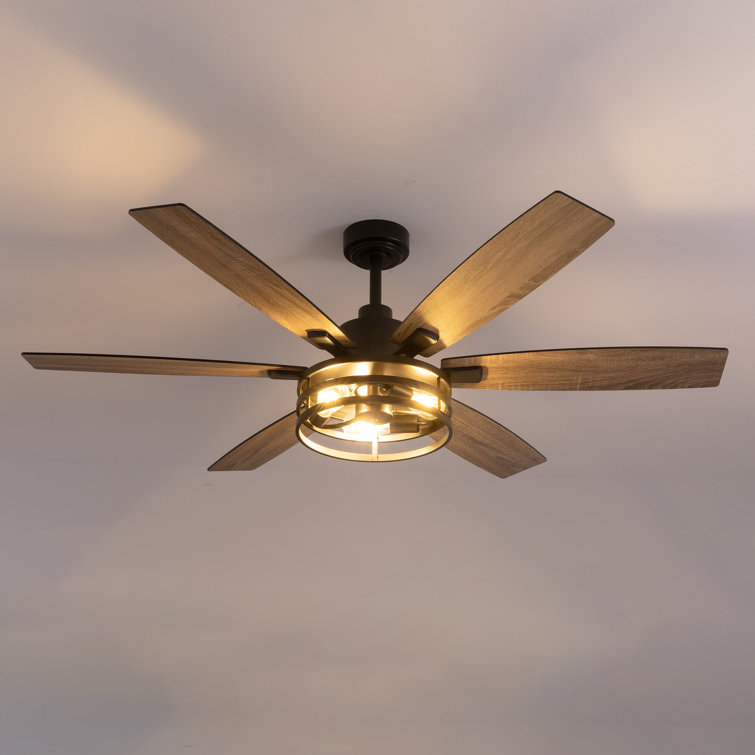 60 In. Indoor Matte Black Layered Caged Ceiling Fan With Light Kit, Reversible Blades And Remote Included