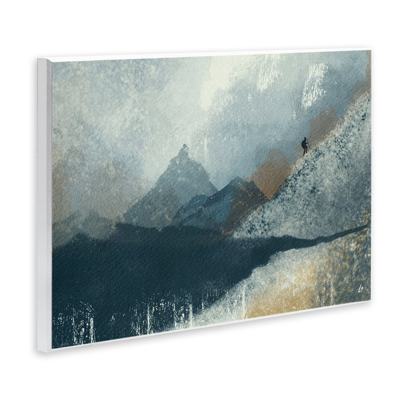 "Intrepid Traveller in Mountains", art mural sur bois par Lydia Orange, H 13 po x l 19 po