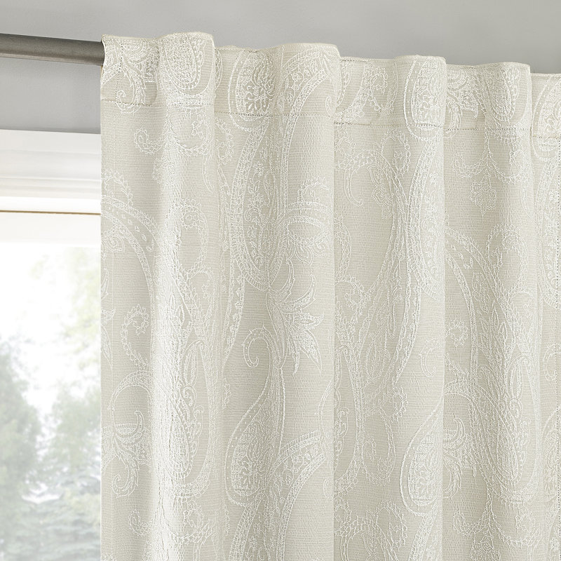 Pedra Paisley Embroidery 100% Blackout Back Tab Curtain Panel, 40" W x 96" L, Pearl White