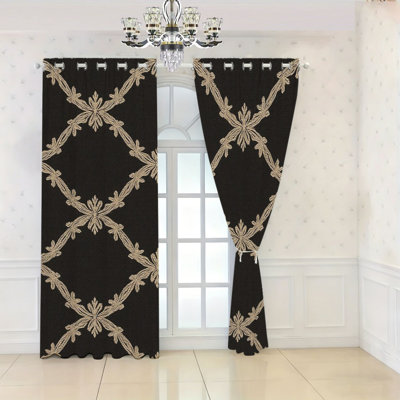 2 pièces rideaux occultants brodés noirs, rideaux de fenêtre en treillis floral élégant, panneaux isolants à œillets obscurcissant thermiquement pour le salon, la chambre à coucher, la décoration intérieure