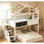 Lit superposé simple au dessus d'une chambre double avec escalier de rangement et tableau noir, parfait pour jouer et dormir