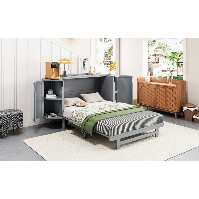 Lit double gris avec capacité de rangement dissimulée. Matelas pliable pour une utilisation dans l'espace. Décoration gracieuse. Espaces latéraux intégrés. Et Scratch-. Choisissez entre blanc et gris. L 76,4 po x l 108,3 po x H 42 po