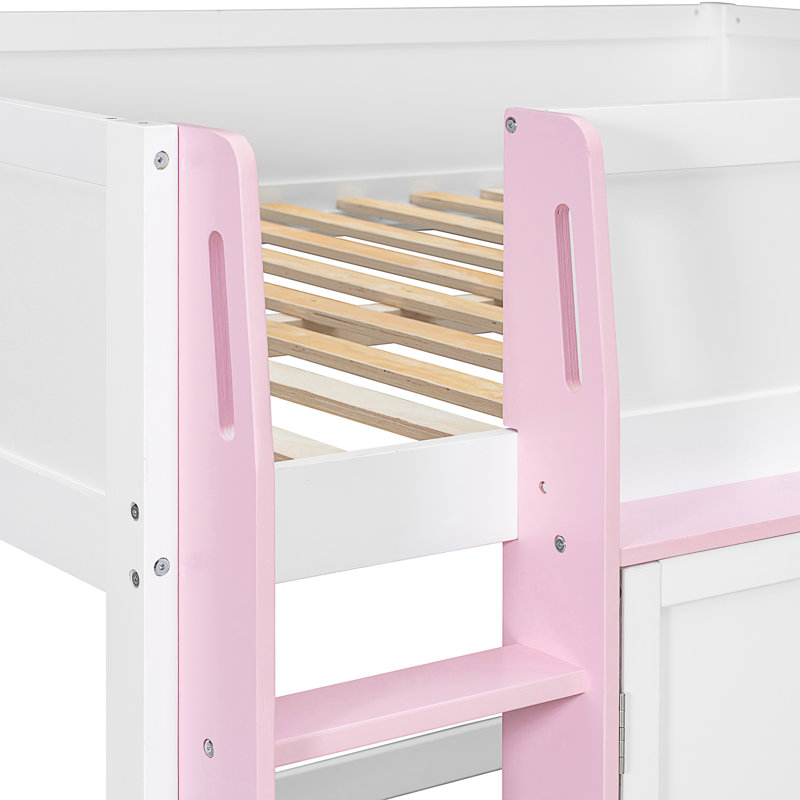Lit mezzanine double avec maisonnette et rangement, Rose