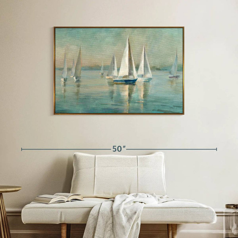 Voiliers au lever du soleil, 40 po x 27 po, Cadre flottant doré