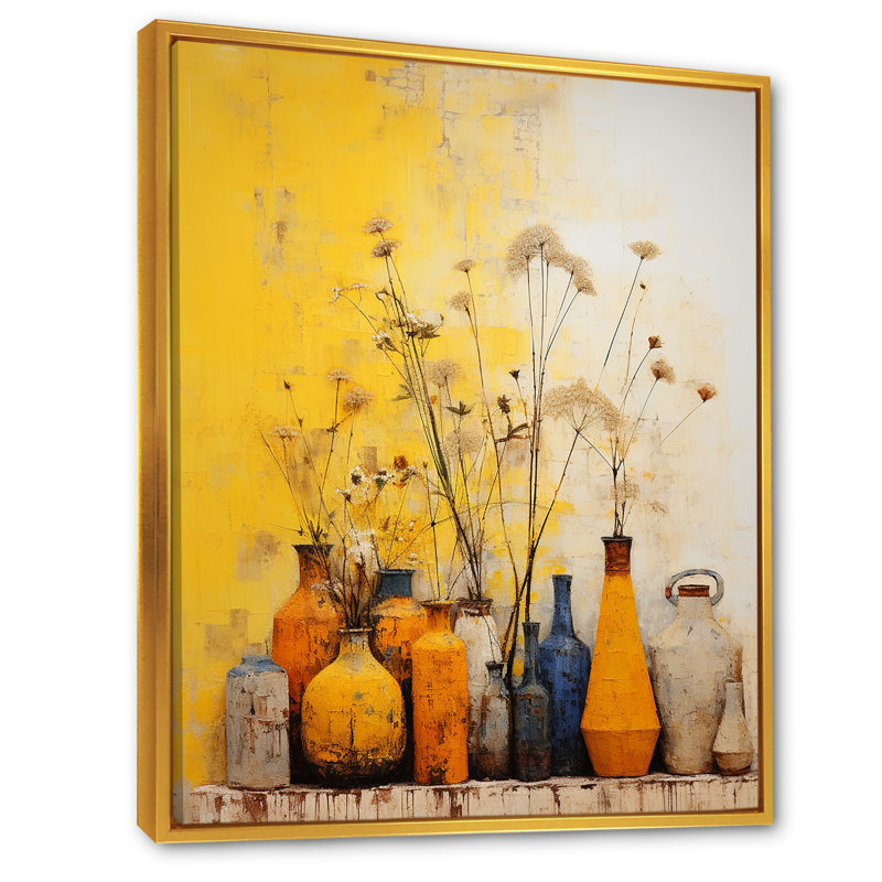 Minimalisme - poteries jaunes I - impression, H 40 po x l 30 po x P 1,5 po, Cadre flottant doré