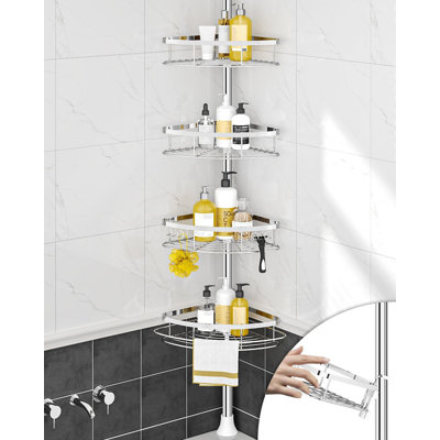 Serviteur de douche d'angle à poteau à tension réglable - Organisateur de salle de bain à 4 niveaux antirouille avec paniers amovibles, porte-brosse à dents et barre à serviettes pour le rangement de la douche