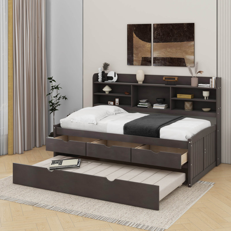 Twin Size Wooden Captain Bed With Built-In Bookshelves,Three Storage Drawers And Trundle, Antique Gray