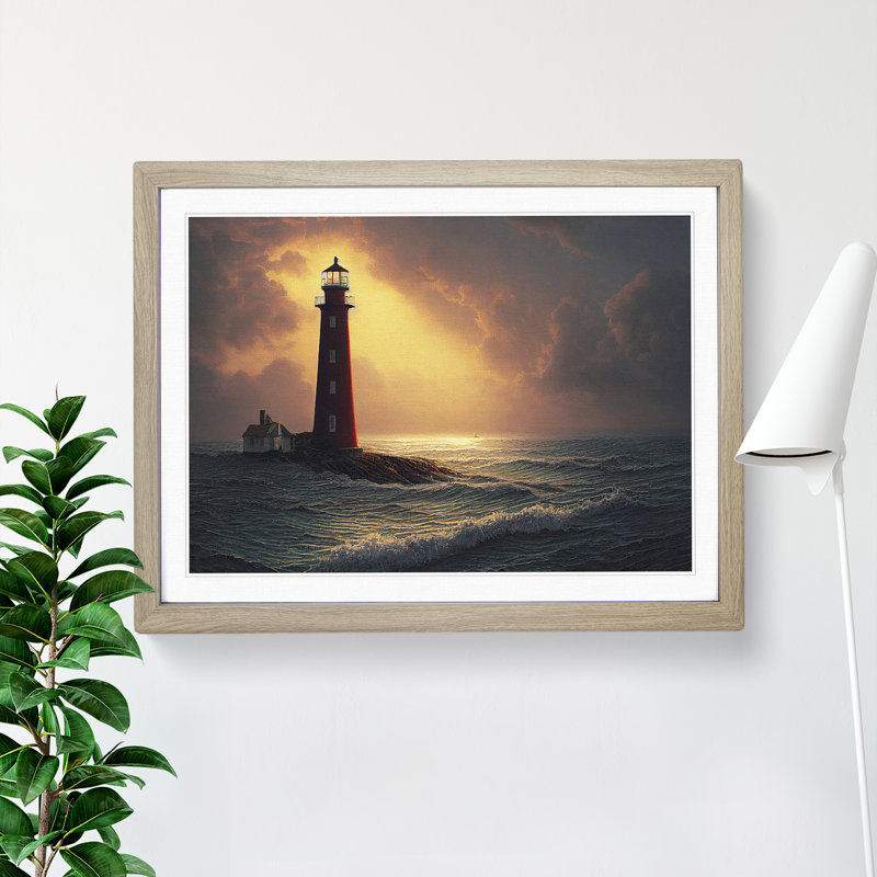 Entrancing Lighthouse Seascape - Single Picture Frame Print, 25cm H x 34cm W x 2cm D, Oak