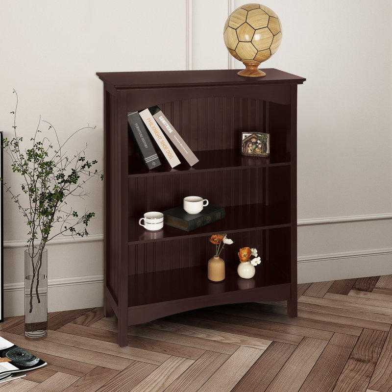 Bibliothèque à 3 niveaux H 40 po x l 29,5 po avec support arqué, 2 tablettes de rangement et de présentation pour bureau à domicile et salon, cerisier