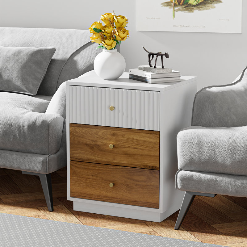 Mid-Century Modern Fluted Nightstand with 3 Drawers, White, Set of 2
