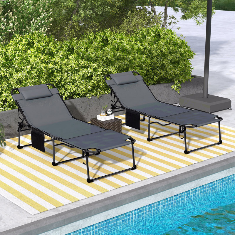 2 Piece Folding Chaise Lounge With 5-Level Reclining Back, Outdoor Tanning Chair With Reading Face Hole, Outdoor Lounge Chair With Side Pocket & Headrest For Beach, Yard, Patio, Gray