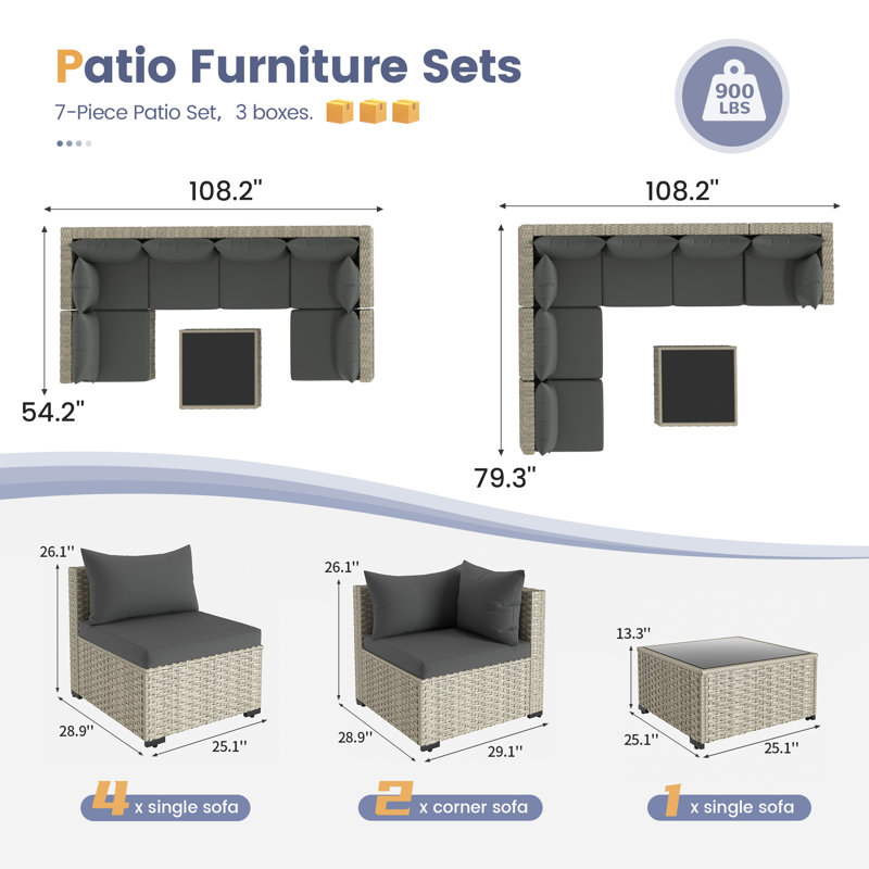 7 Pieces Rattan Patio Conversation Sets With Cushions, Gray