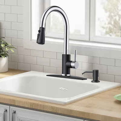 Kitchen Faucet, Pull-Down Sprayer High Arc Single Handle, With Soap Dispenser, Classic 3-Mode Faucet, Suitable For Kitchen Sink Laundry Room.