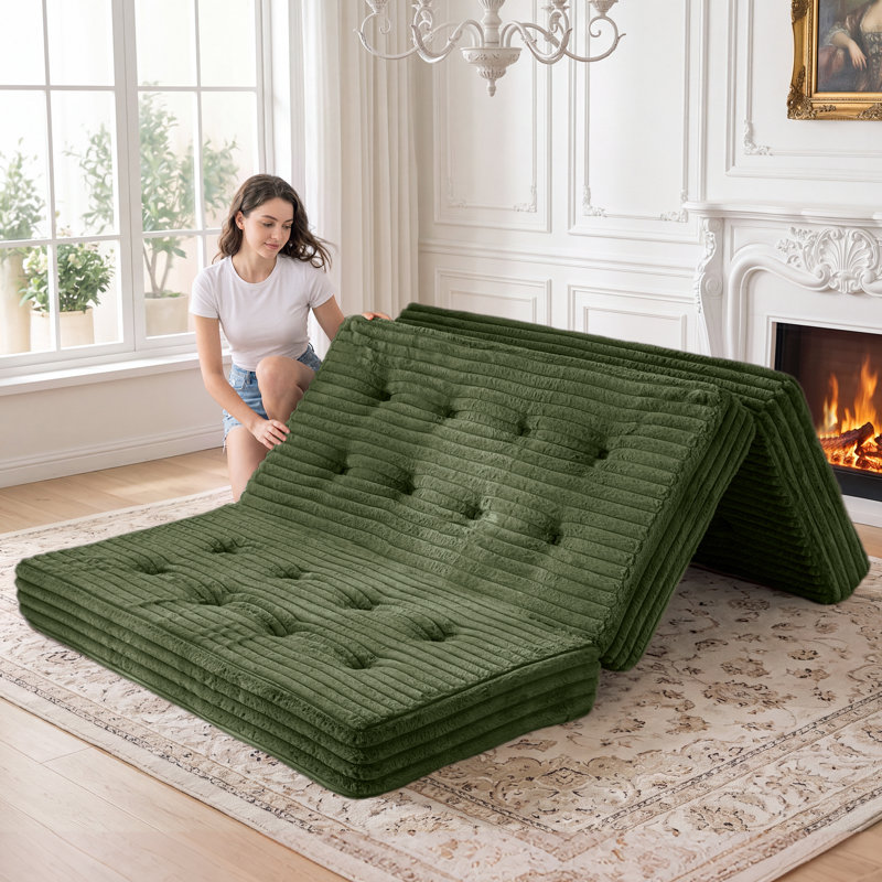 Matelas pliable en trois parties de 15 cm en mousse à mémoire de forme, matelas de sol en fausse fourrure avec poignée, Vert