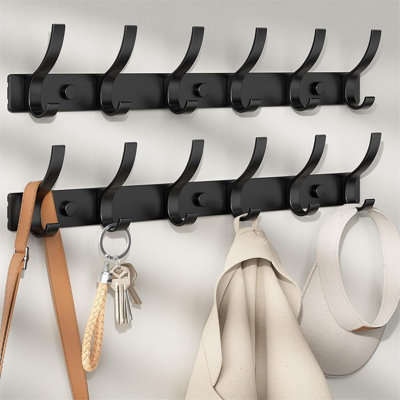 2-Pack Black Wall-Mounted Coat Rack With 12 Hooks, Heavy-Duty Aluminum Wall Hooks for Coats, Hats, Bags, Towels and Keys