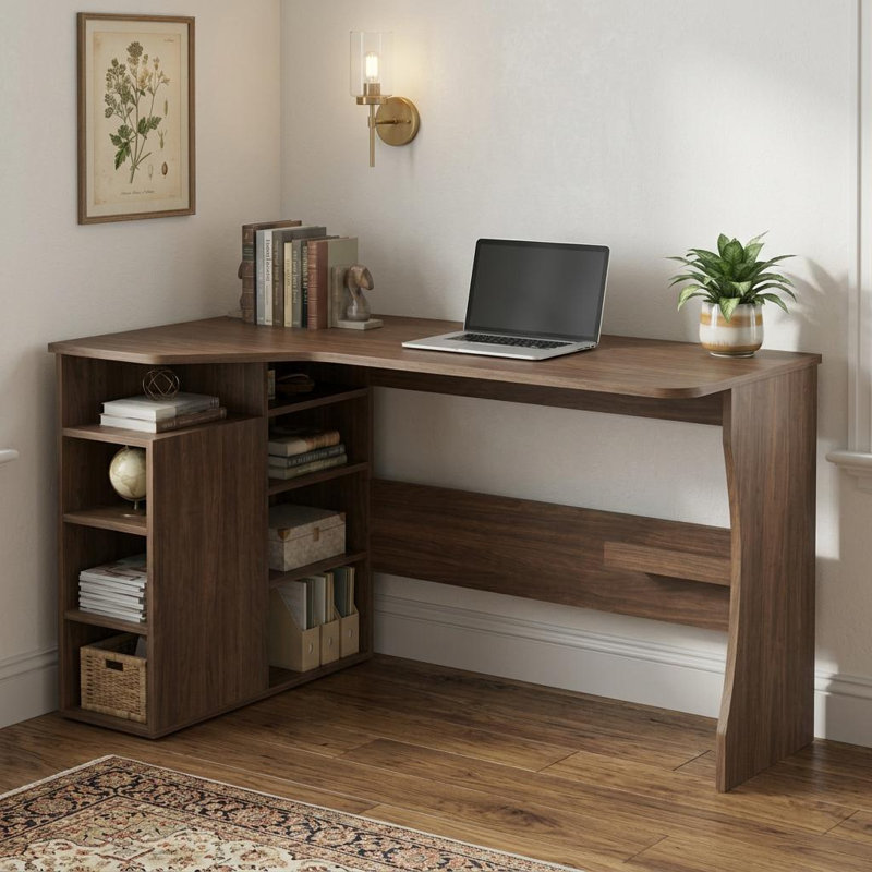 Bureau d'angle en L avec tablettes de rangement, bureau d'ordinateur compact réversible pour petits espaces, Brown