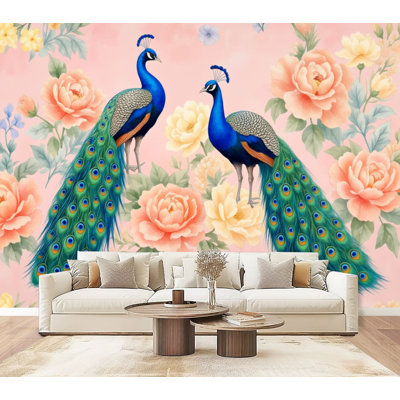 Papier peint auto-adhésif Peacock Peacock Floral Garden Soft Pastels Vibrant Blooms