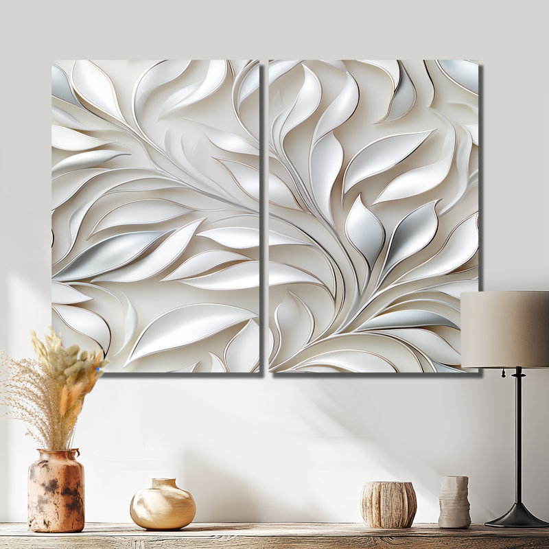 Abstrait argent et motif de fleurs blanches - Art mural sur toile blanche, Toile tendue, Ne s’applique pas, H 36 po x l 48 po