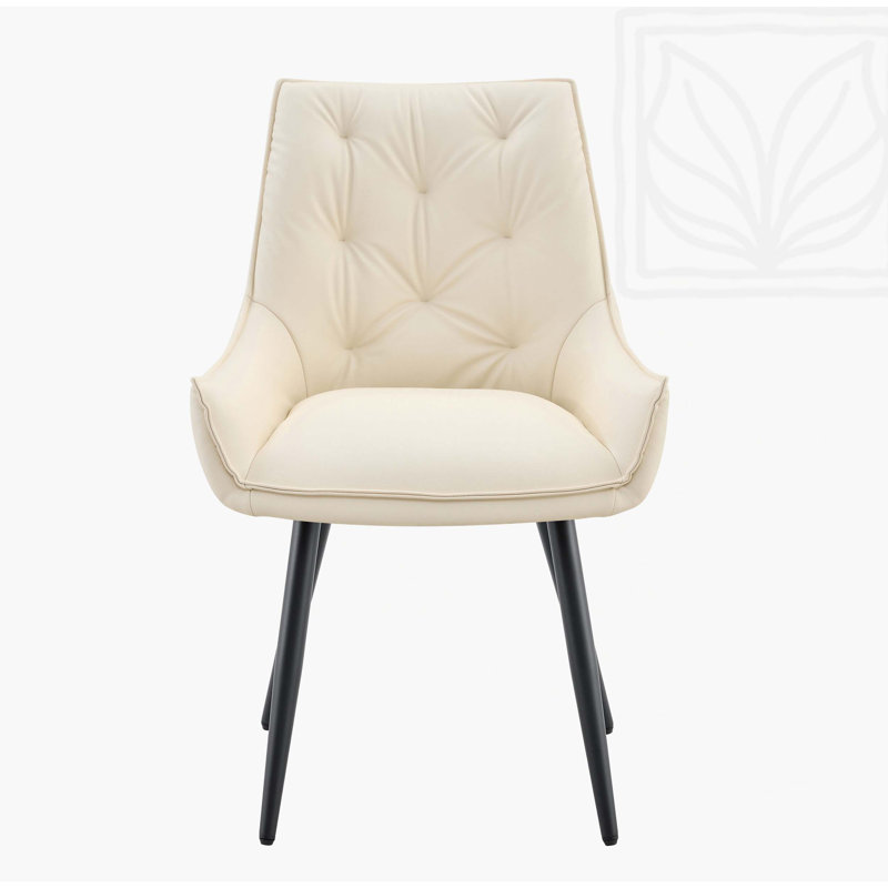 Dining Chairs Set of 4, Off White Faux Leather Dining Room Chair, Metal Kitchen Chairs with Gold Mesh Texture and Black Sanded Legs, Flat Back Upholstered Chair (Off White, Set of 4)