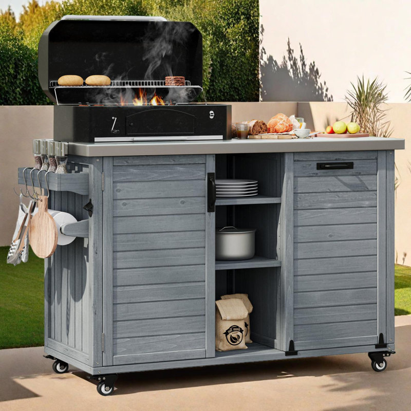 Îlot de cuisine extérieur avec table de barbecue pliable, chariot de barbecue avec rangement pour déchets et plateau en acier inoxydable