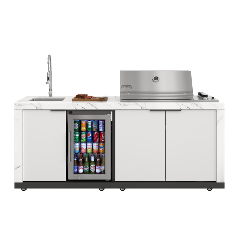Ensemble de cuisine d'extérieur de 83 po avec comptoirs et côtés en pierre blanche, gril à 4 brûleurs, évier et robinet en acier inoxydable (km-OKS-3585)