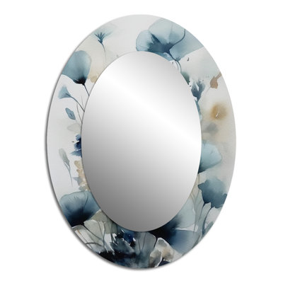 Blue Leaf Foliage And Flowers I - Floral Oval Decorative Mirror On Metal