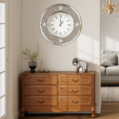 Horloge murale ronde en verre à miroir avec diamant concassé pour l'entrée du salon