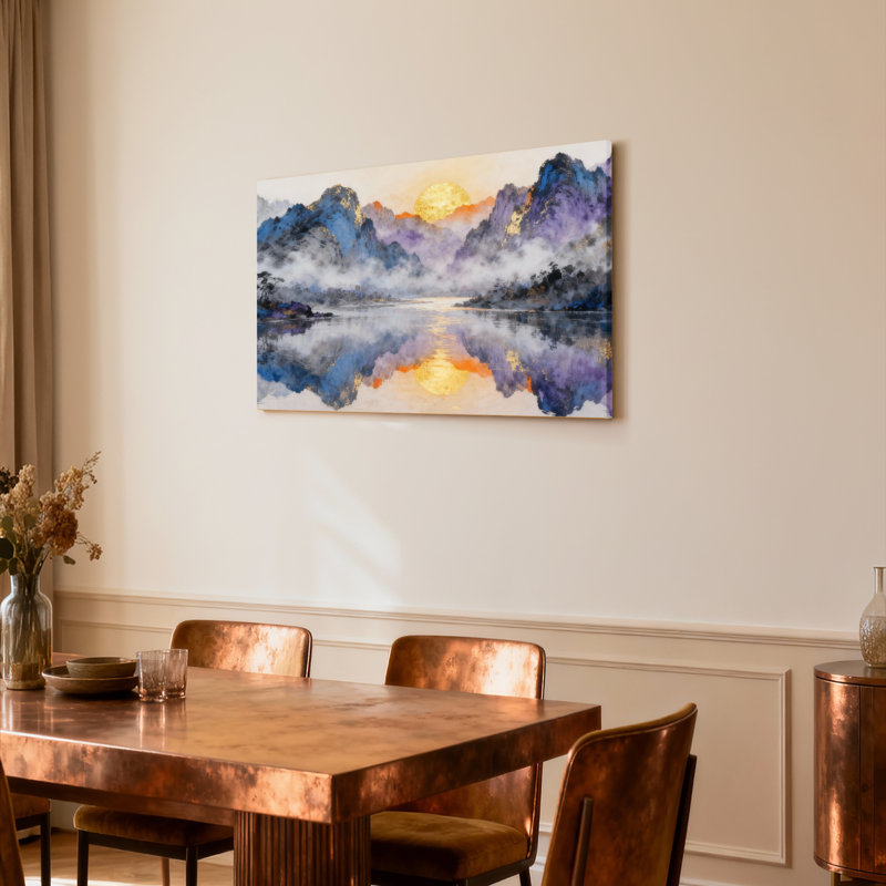 «Mountain Landscape Sunset Reflection», ensemble de 1 reproduction d'art sur toile tendue, H 12 po x l 18 po