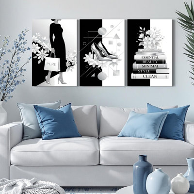 Black And White Fashion Silhouette Floral And Geometric Canvas Wrapped Wall Art Oil Painting Print Set Of 3 For Living Room Bedroom Or Office Decor