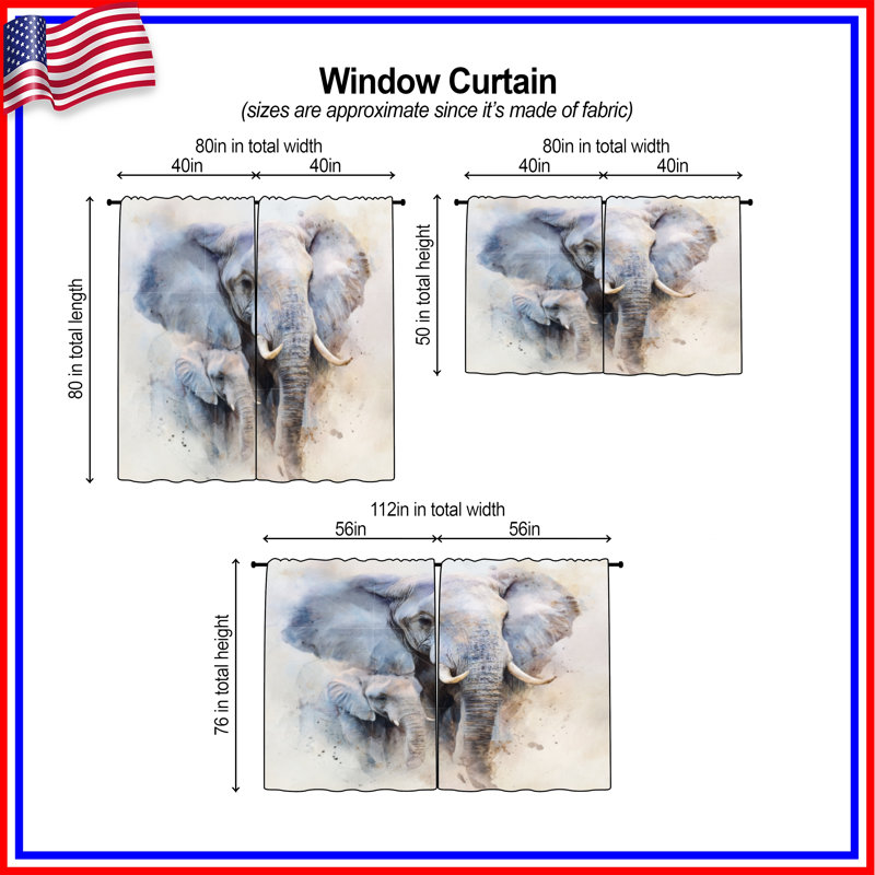 Elephant Window Curtains  Animal Sheer & Room Darkening - 2 Panels, 56in x 76in - 2 panels, Sheer