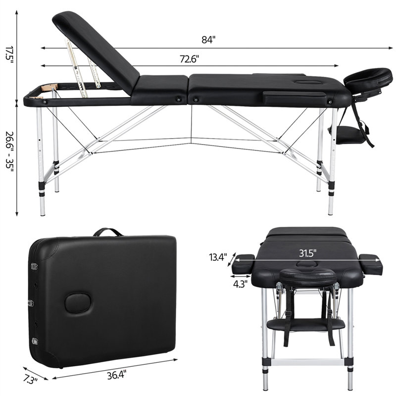 Adjustable Massage Bed 3 Fold Height with Backrest, Black