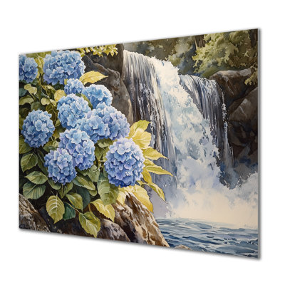 Hortensias par la cascade I - hydrangées, décoration murale en métal, reproduction d'art traditionnelle en métal