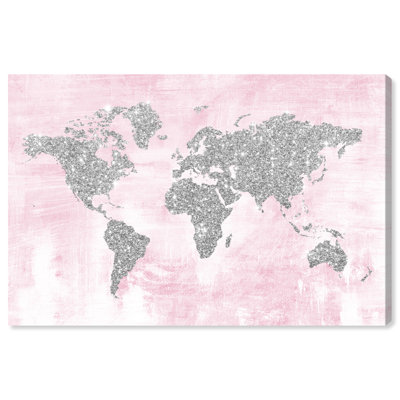 Carte pailletée rose et argentée, carte du monde pailletée, toile moderne rose pour salon - cadre photo sur toile flottante