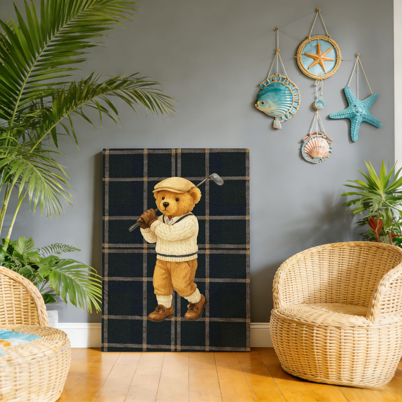 «Golfing Teddy Bear», art mural encadré en bois à l'arrière, 30 x 20
