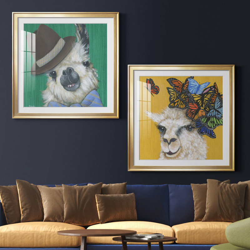 Llama Gentleman - ensemble de 2 reproductions d'art graphique, H 30,5 po x l 61 po x P 1,5 po, Papier encadré doré, Blanc
