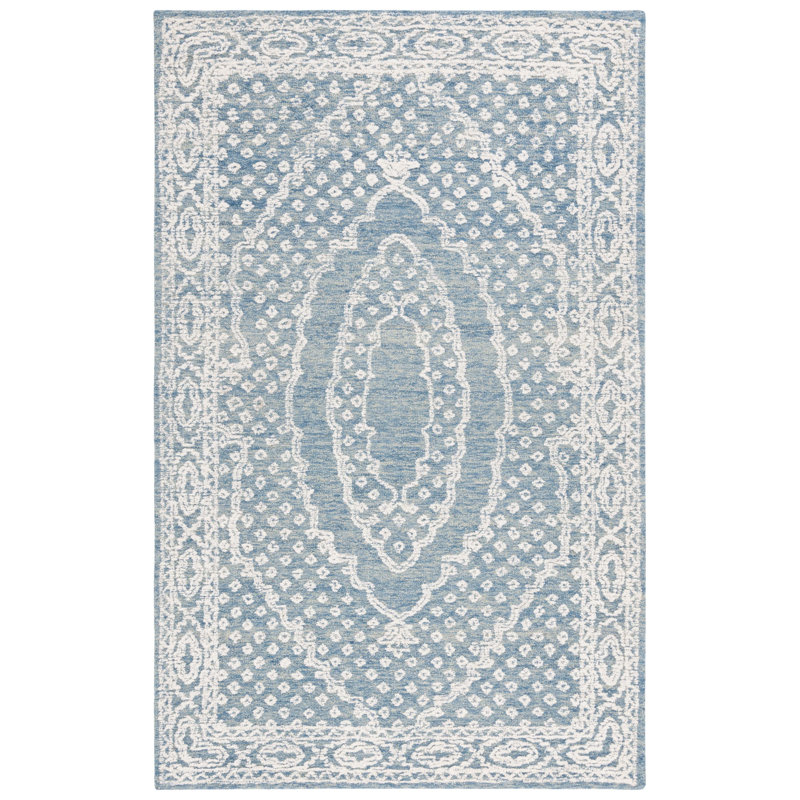 Resnel Ebony Hand Tufted Wool Cotton Oriental Rug in Ivory/Navy, Runner 2'3" x 9'