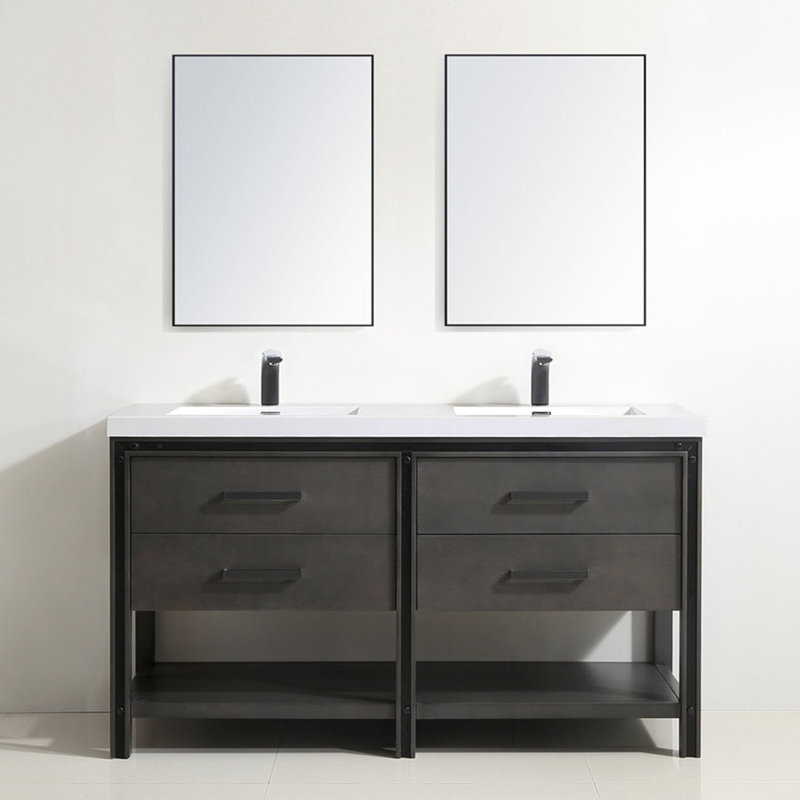 60" Smoky Oak Double Freestanding Bathroom Vanity with Resin Basin