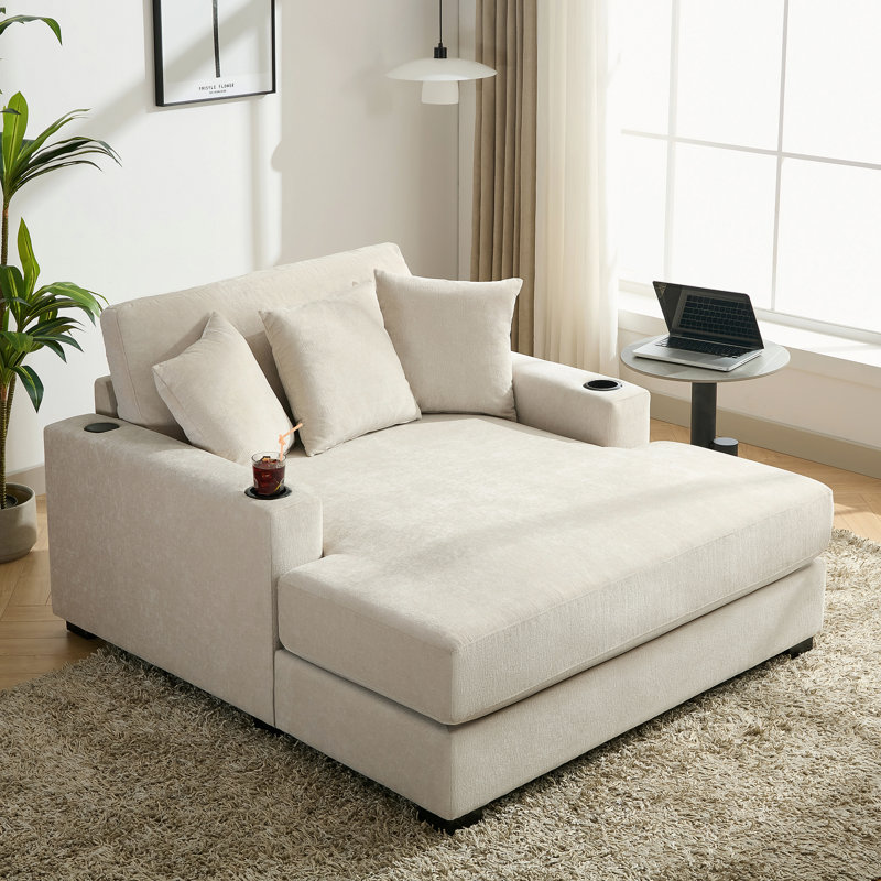 Très grande chaise longue d'intérieur Weylin avec tissu en chenille et stations de recharge intégrées, Crème, crème