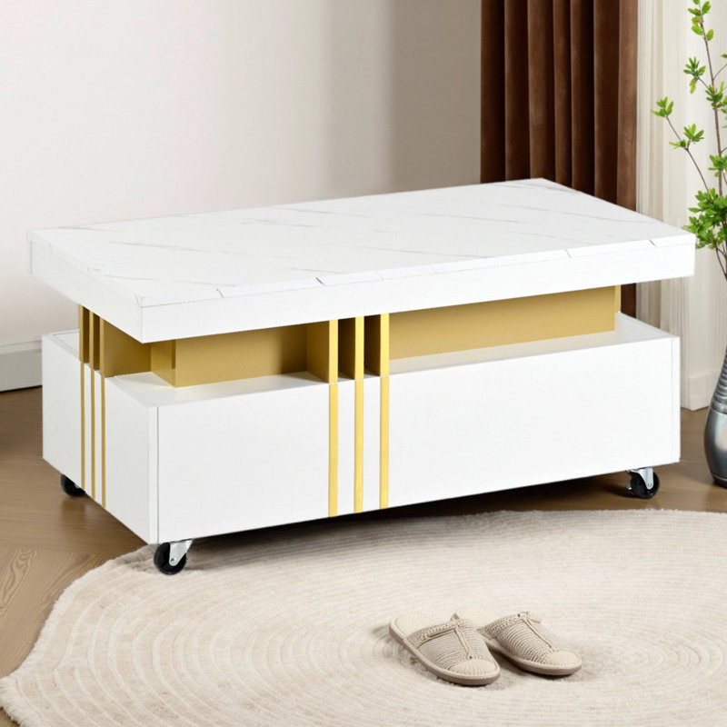 39.3" Contemporary Coffee Table – Faux Marble with Gold Accents & Wheels, White