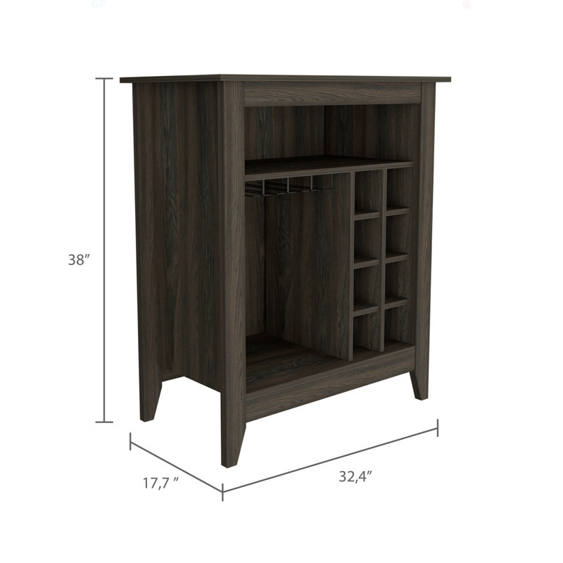 Armoire de bar Essential, une tablette ouverte, six supports à vin intégrés, un tiroir, H 38,14 po x l 32,45 po x P 17,65 po
