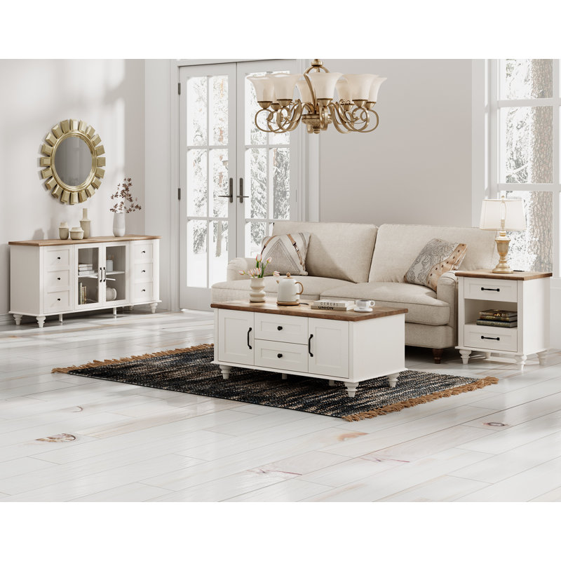 Ensemble de table de salon 3 pièces Scarlett - Comprend une table basse moderne avec armoire de rangement, un meuble télé avec porte en verre pour téléviseur de 65 pouces, une table d'appoint latérale avec station de charge et tablette, blanc cassé