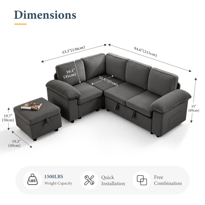 Canapé-lit modulaire en L à 5 places avec rangement et repose-pieds Waldorf, Mélange de polyester gris