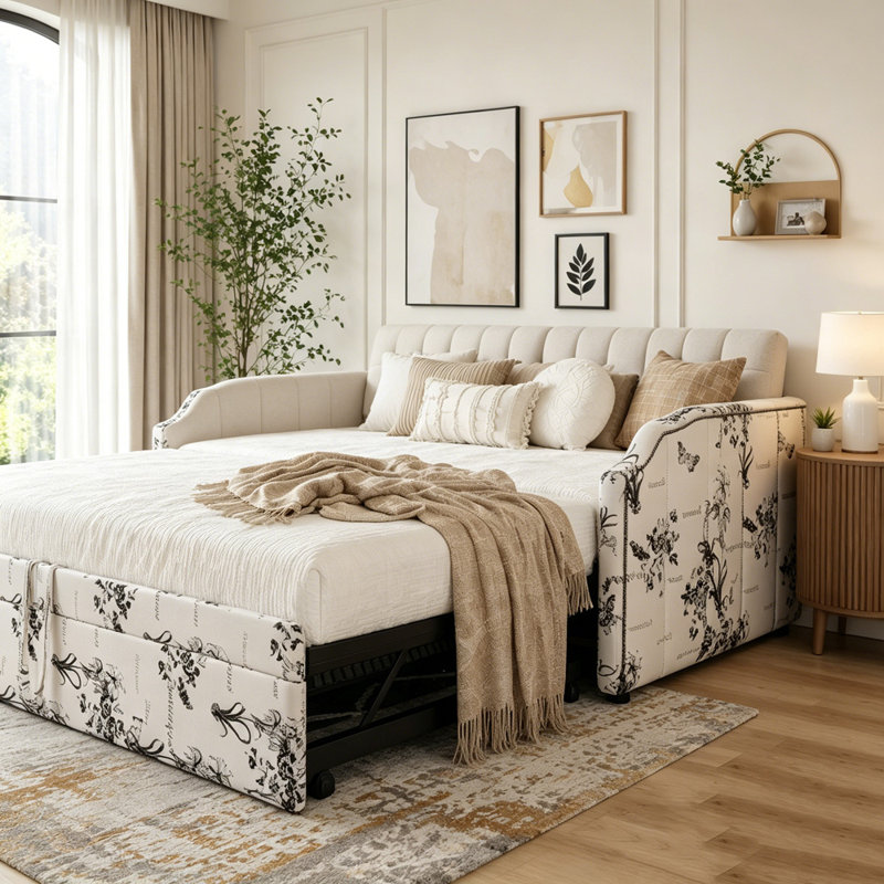 Lit de jour simple rembourré avec couchette escamotable et ports de chargement USB, White Tossed Botanical