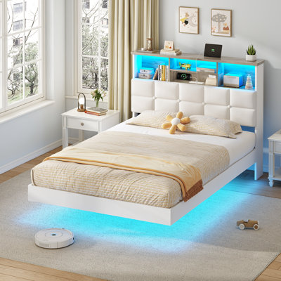 Base de lit flottante rembourrée avec bibliothèque et tête de lit