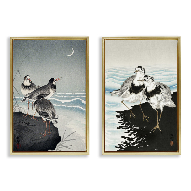  «Sea Birds Under Moon», ensemble de 2 toiles flottantes encadrées par Ohara Koson, H 25 po x l 17 po