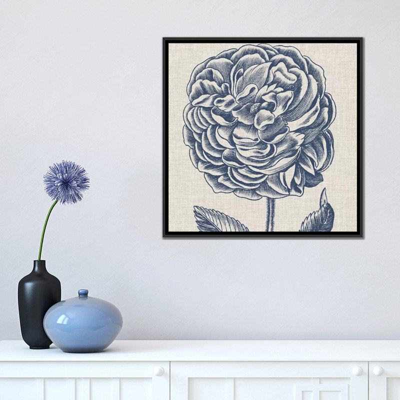 « indigo floral on linen v », reproduction de dessin sur toile tendue, H 18 po x l 18 po x P 1,5 po, Toile avec cadre noir